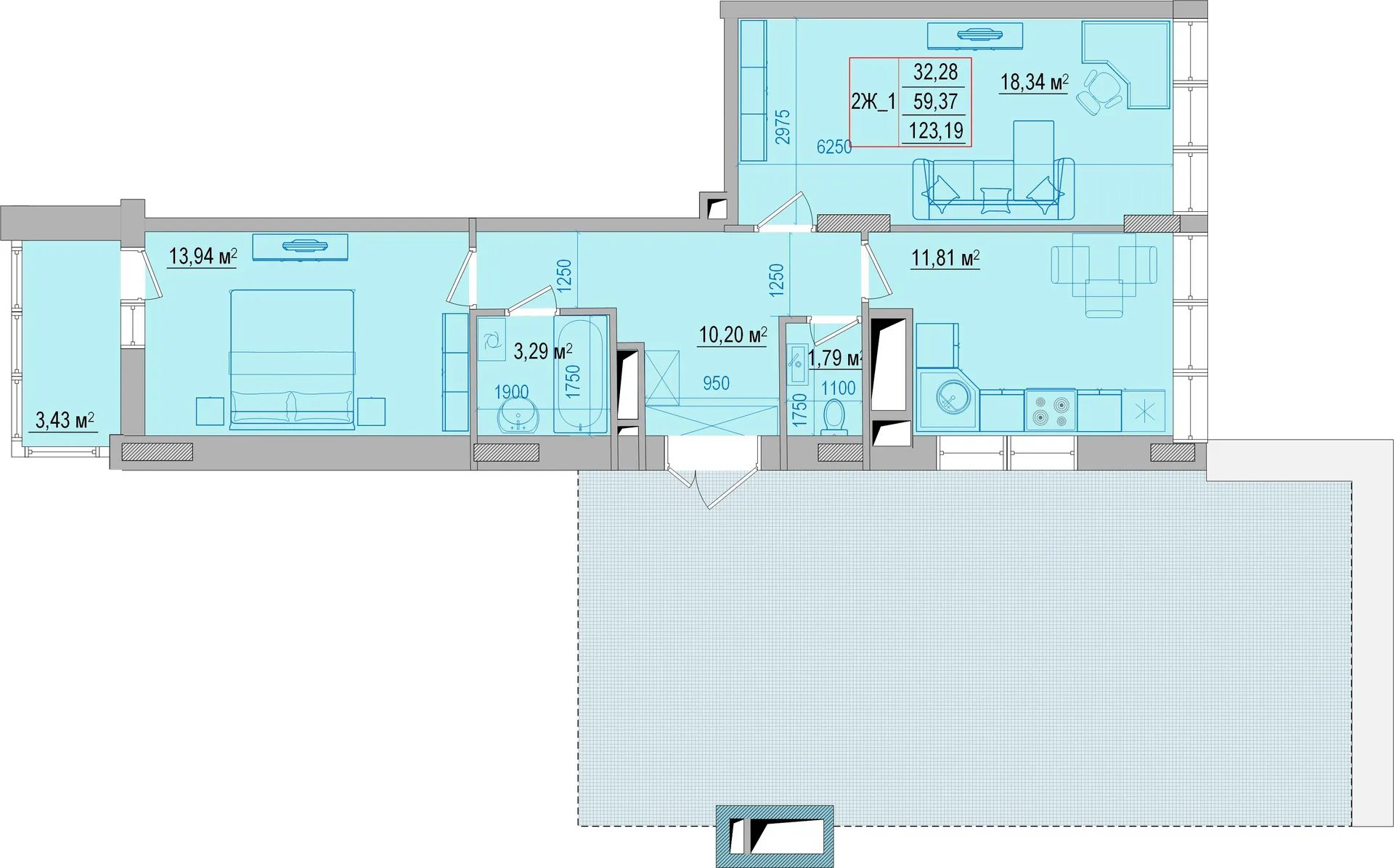 Планировка 2-комнатной квартиры 126.3 м² в ЖК "Привилегия", г. Белгород — фото 1
