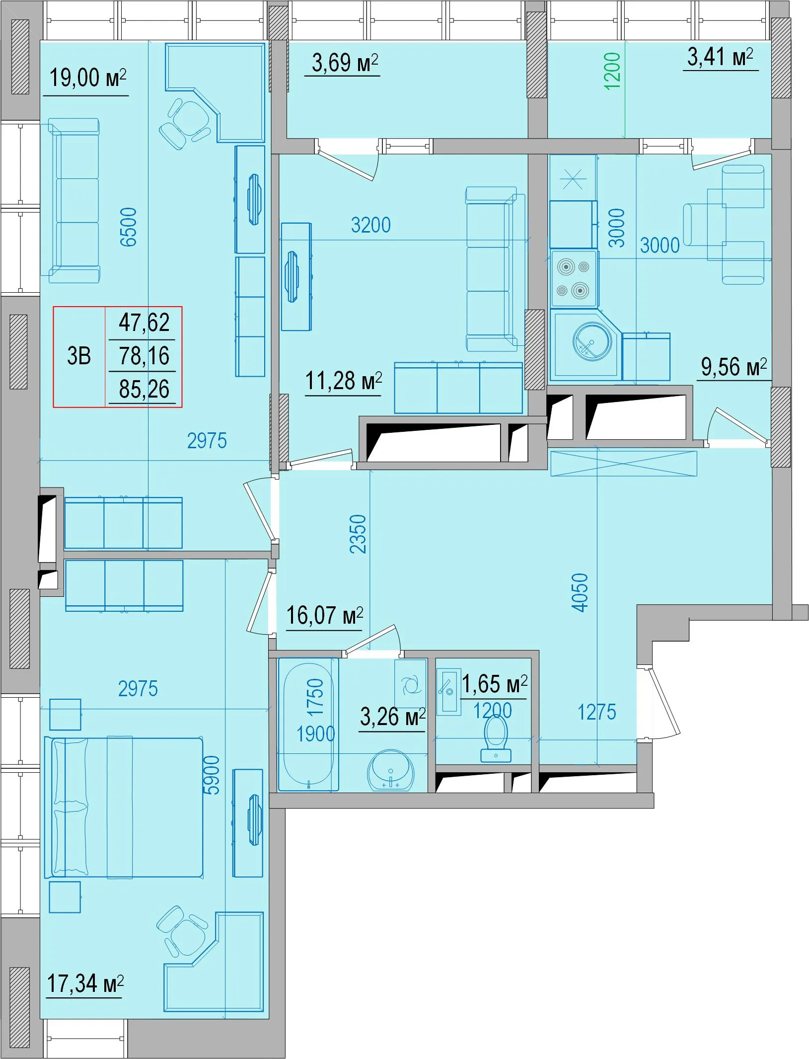 Планировка 3-комнатной квартиры 89.5 м² в ЖК "Привилегия", г. Белгород — фото 1