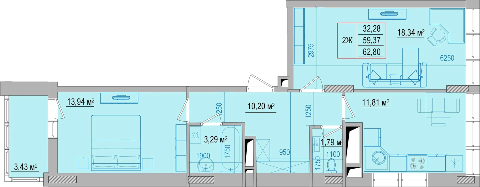 Планировка 2-комнатной квартиры 65.2 м² в ЖК "Привилегия", г. Белгород — фото 1