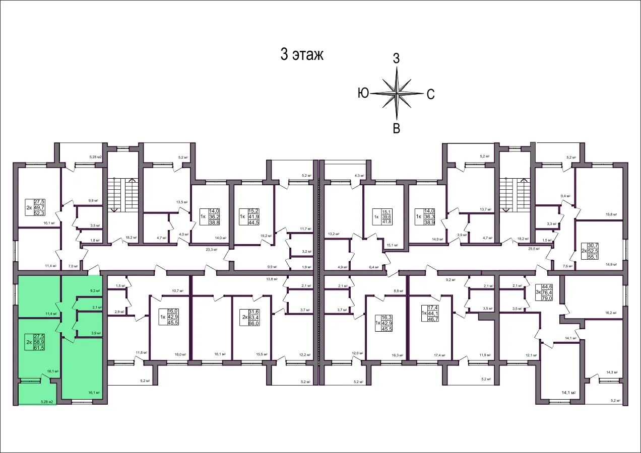 Планировка 2-комнатной квартиры 61.5 м² в Дубрава (40 га), г. Белгород — фото 2