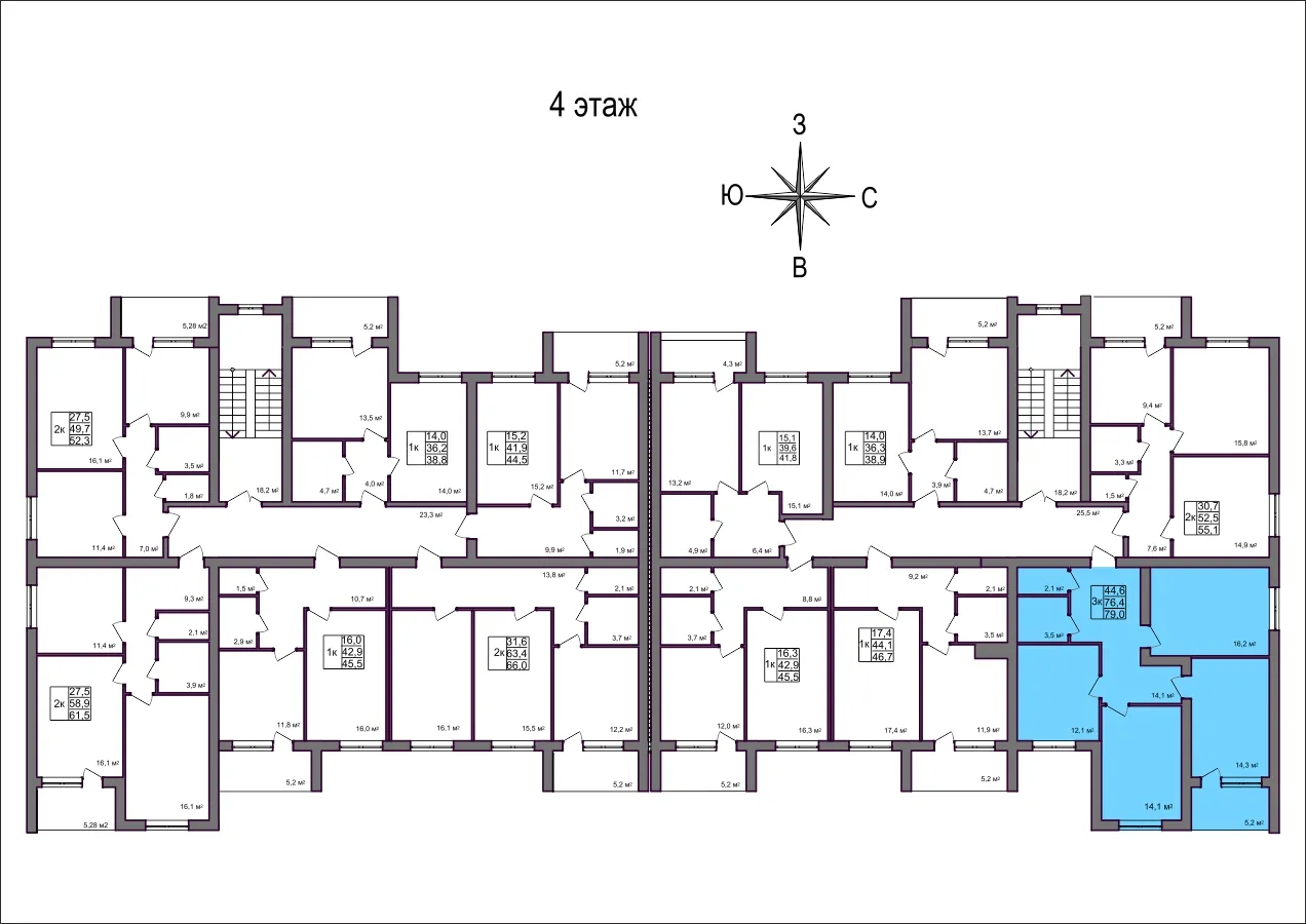 Планировка 3-комнатной квартиры 79 м² в Дубрава (40 га), г. Белгород — фото 2