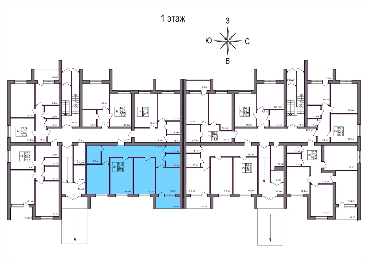 Планировка 3-комнатной квартиры 87.4 м² в Дубрава (40 га), г. Белгород — фото 2