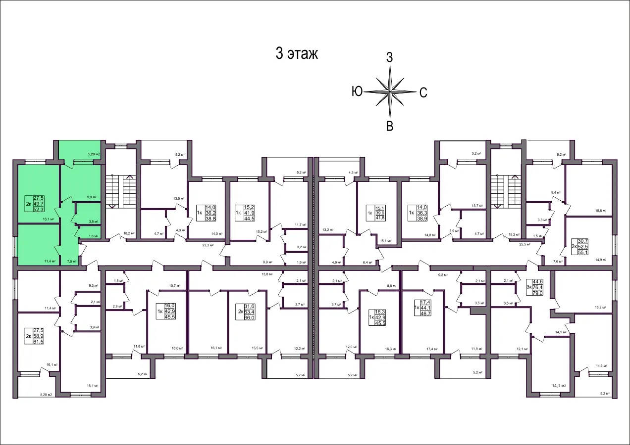 Планировка 2-комнатной квартиры 52.3 м² в Дубрава (40 га), г. Белгород — фото 2