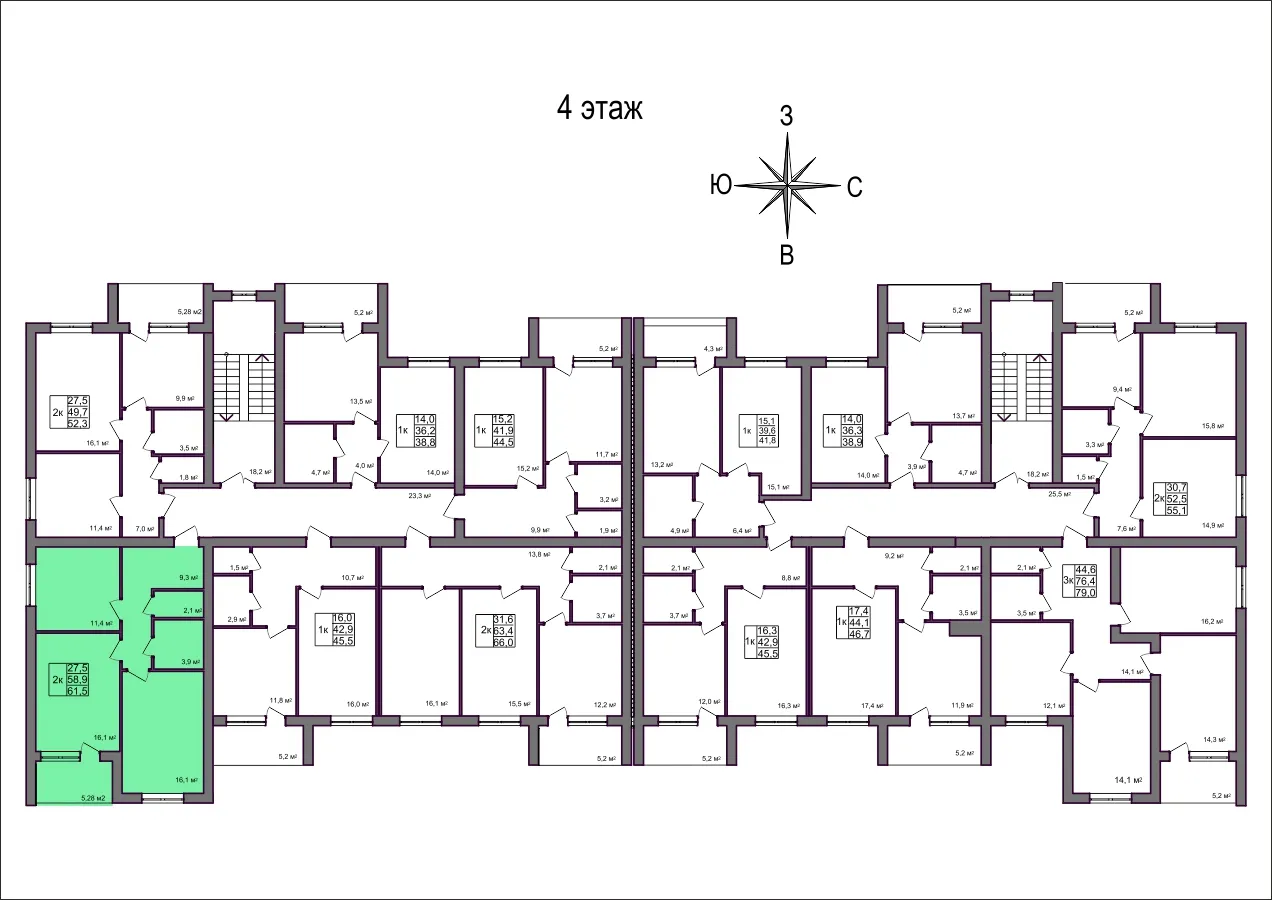 Планировка 2-комнатной квартиры 61.5 м² в Дубрава (40 га), г. Белгород — фото 2