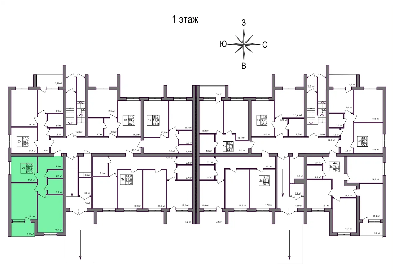 Планировка 2-комнатной квартиры 61.5 м² в Дубрава (40 га), г. Белгород — фото 2