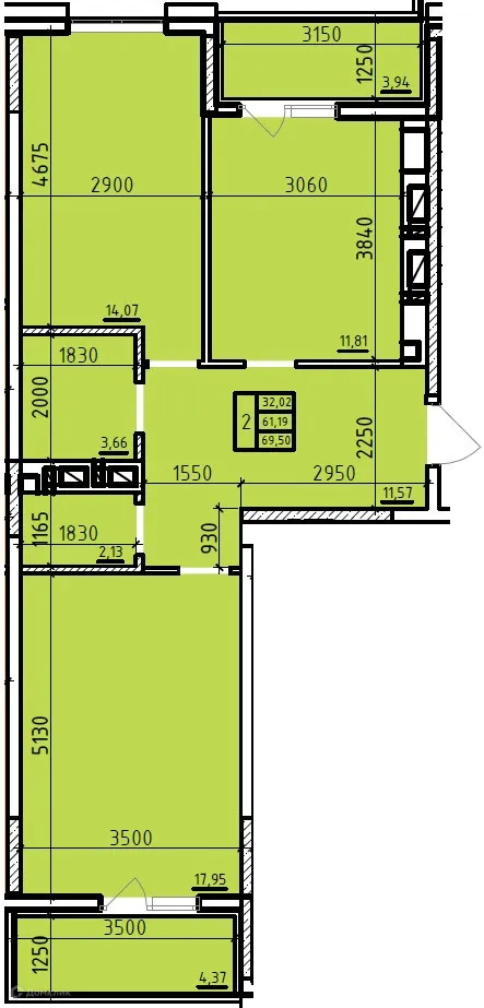 Планировка 2-комнатной квартиры 69.5 м² в ЖК Чеховский, г. Таганрог — фото 1