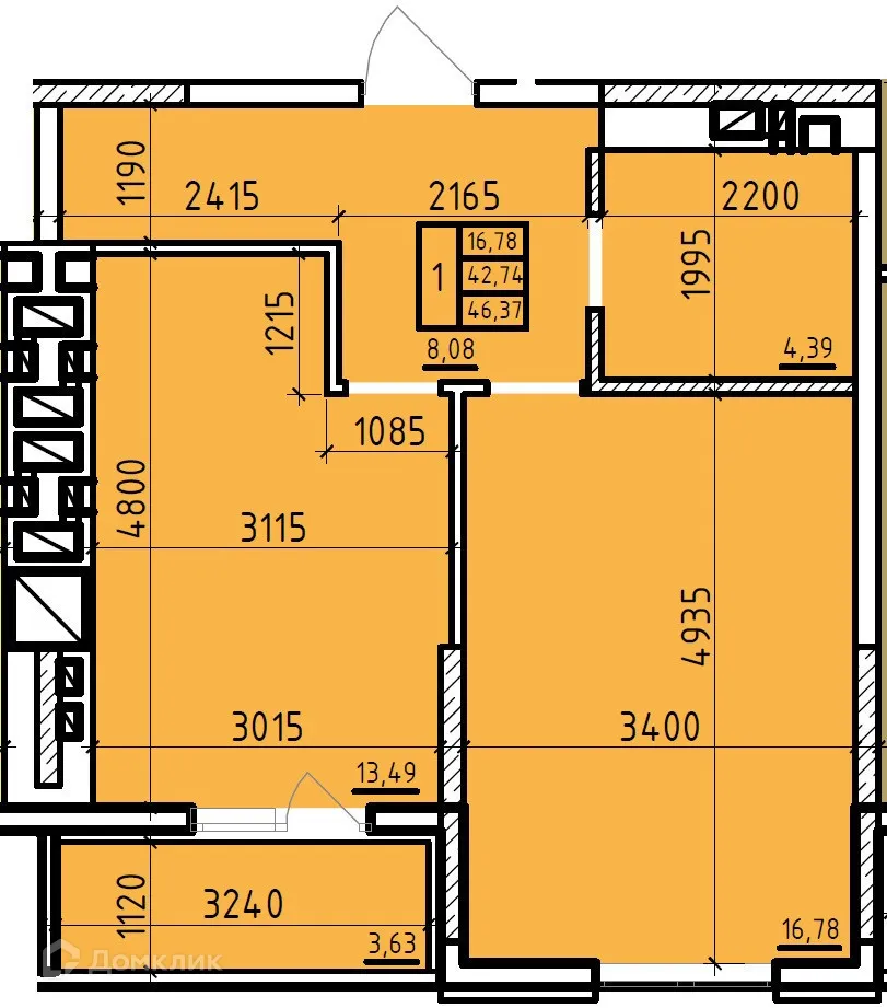 Планировка 1-комнатной квартиры 46.37 м² в ЖК Чеховский, г. Таганрог — фото 1
