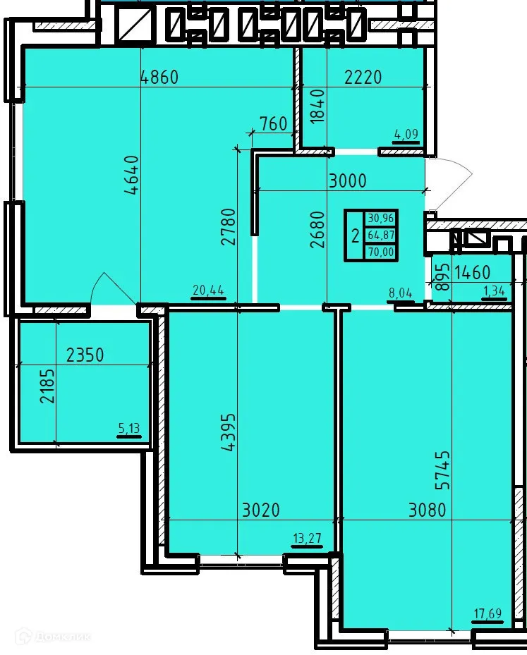 Планировка 2-комнатной квартиры 70 м² в ЖК Чеховский, г. Таганрог — фото 1