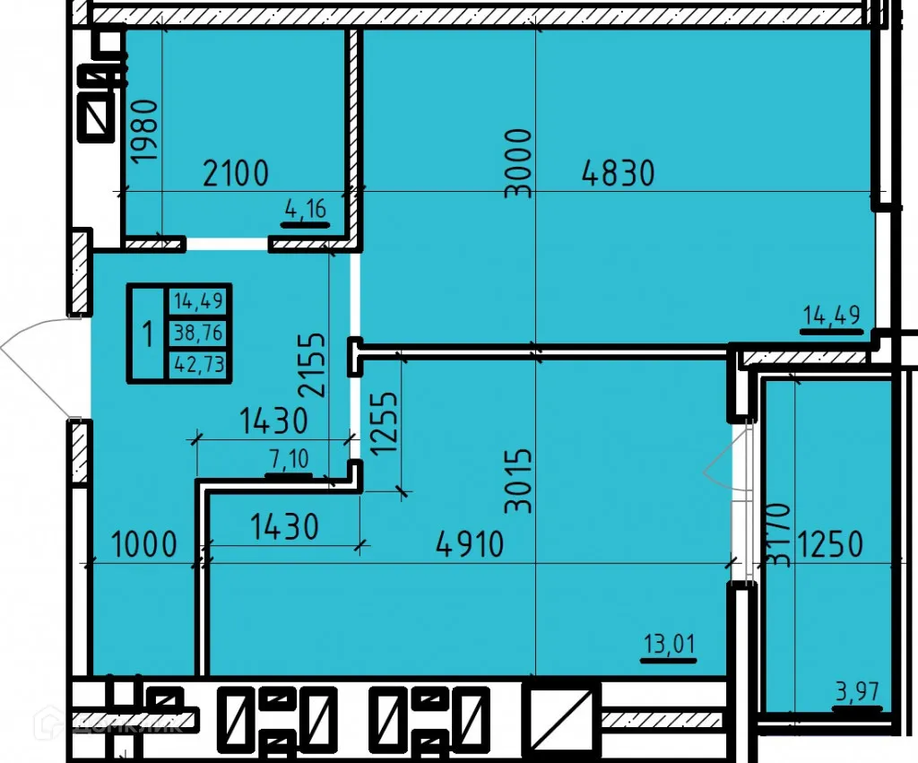 Планировка 1-комнатной квартиры 42.73 м² в ЖК Чеховский, г. Таганрог — фото 1