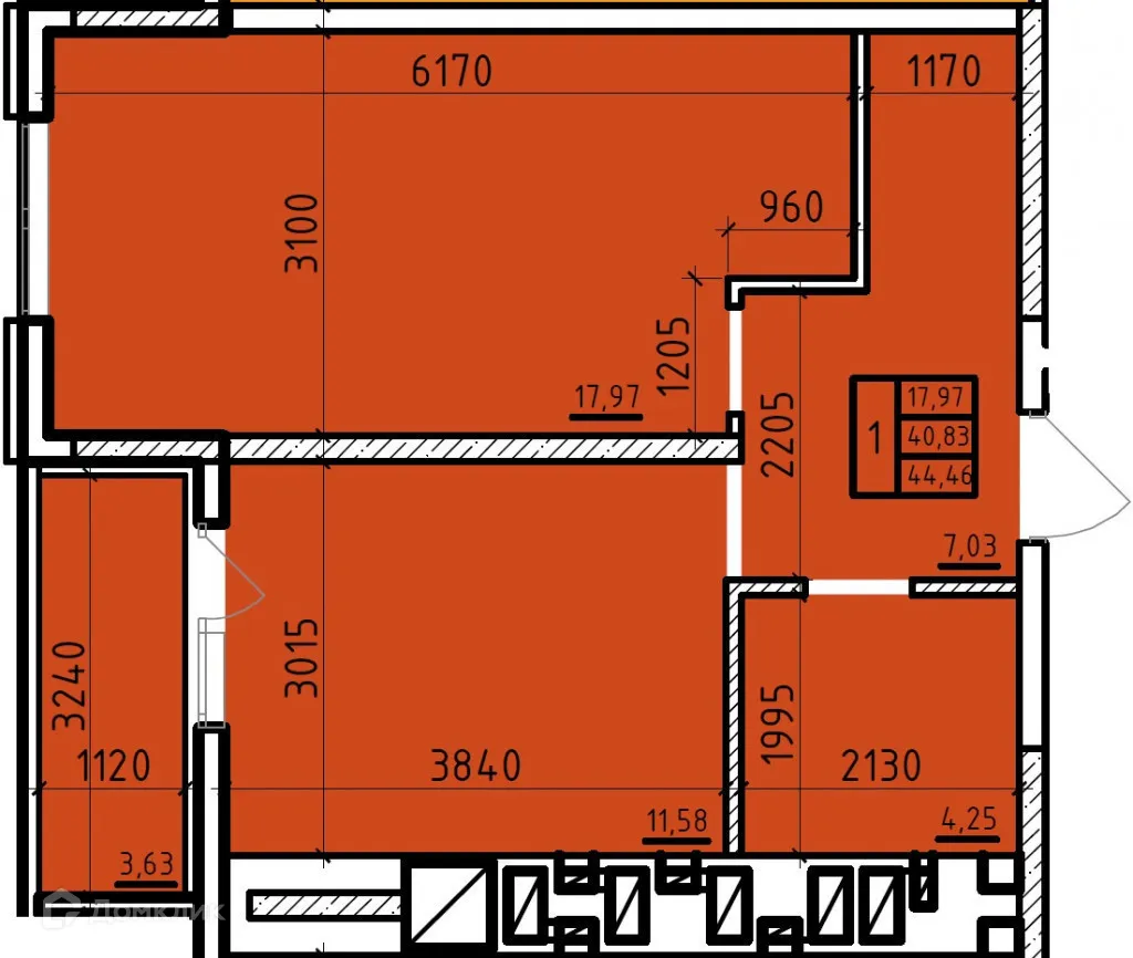Планировка 1-комнатной квартиры 44.46 м² в ЖК Чеховский, г. Таганрог — фото 1