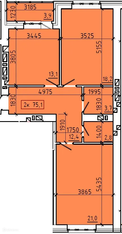 Планировка 2-комнатной квартиры 75.1 м² в ЖК "Чучева 42В", г. Таганрог — фото 1