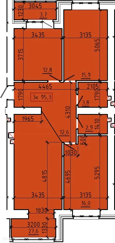 Планировка 3-комнатной квартиры 95.3 м² в ЖК "Чучева 42В", г. Таганрог — фото 1