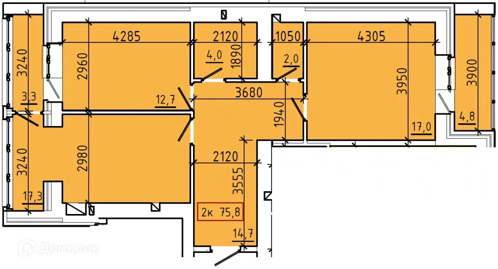Планировка 2-комнатной квартиры 75.8 м² в ЖК "Чучева 42В", г. Таганрог — фото 1