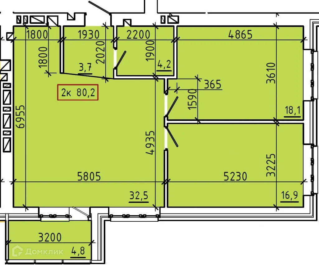 Планировка 2-комнатной квартиры 80.2 м² в ЖК "Чучева 42В", г. Таганрог — фото 1