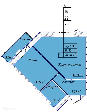 Планировка 1 комн. в ЖК "Дельфин"