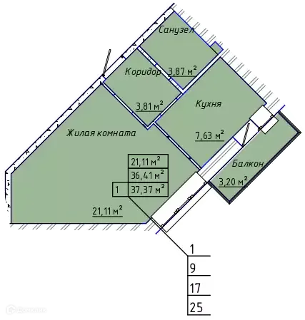 Планировка 1-комнатной квартиры 37.76 м² в ЖК "Дельфин", г. Таганрог — фото 1