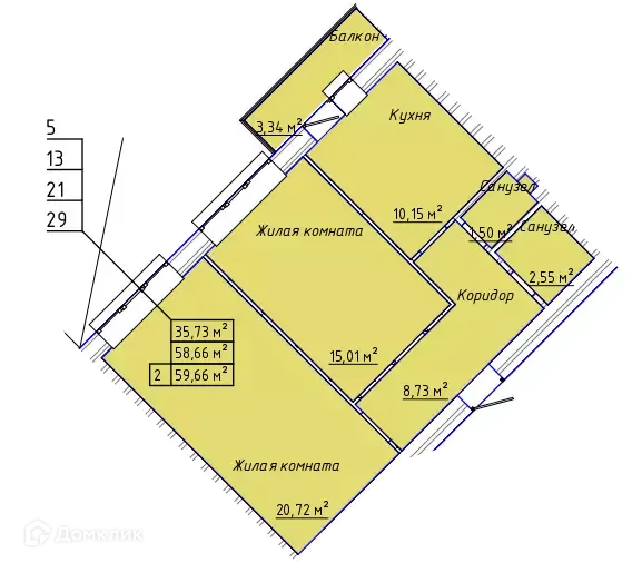 Планировка 2-комнатной квартиры 60.3 м² в ЖК "Дельфин", г. Таганрог — фото 1