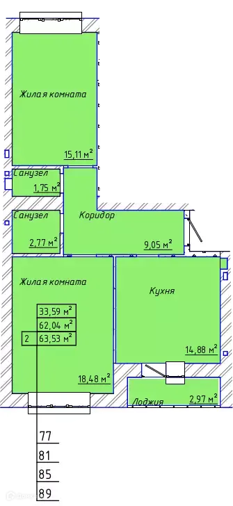 Планировка 2-комнатной квартиры 65.2 м² в ЖК "Дельфин", г. Таганрог — фото 1