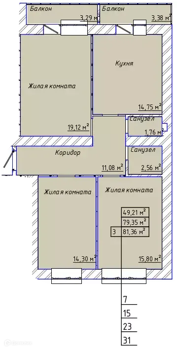 Планировка 3-комнатной квартиры 82.25 м² в ЖК "Дельфин", г. Таганрог — фото 1