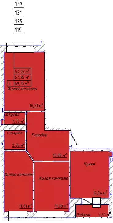 Планировка 3-комнатной квартиры 70.3 м² в ЖК "Дельфин", г. Таганрог — фото 1