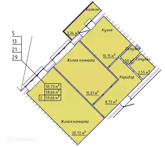 Планировка 2-комнатной квартиры 59.2 м² в ЖК "Дельфин", г. Таганрог — фото 1