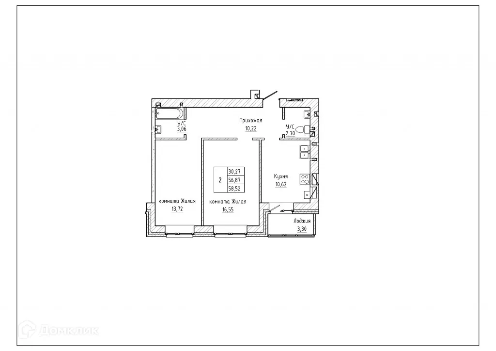 Планировка 2-комнатной квартиры 58.55 м² в ЖК Северная звезда, г. Таганрог — фото 1