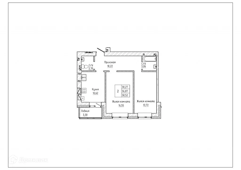Планировка 2-комнатной квартиры 59.65 м² в ЖК Северная звезда, г. Таганрог — фото 1