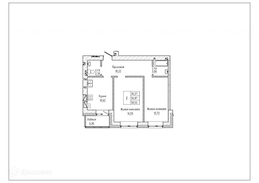 Планировка 2-комнатной квартиры 59.45 м² в ЖК Северная звезда, г. Таганрог — фото 1