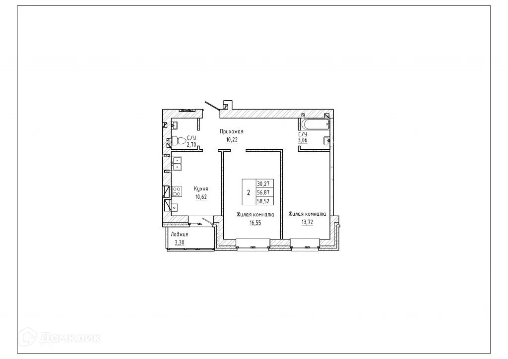 Планировка 2-комнатной квартиры 59.55 м² в ЖК Северная звезда, г. Таганрог — фото 1