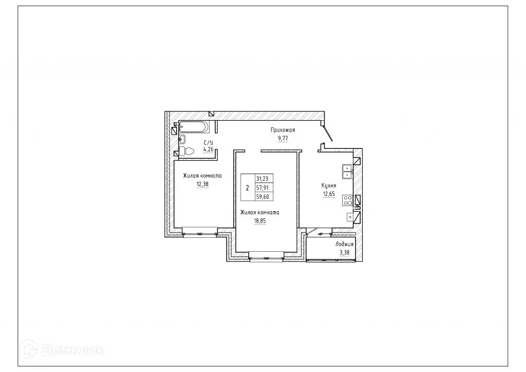 Планировка 2-комнатной квартиры 58.7 м² в ЖК Северная звезда, г. Таганрог — фото 1