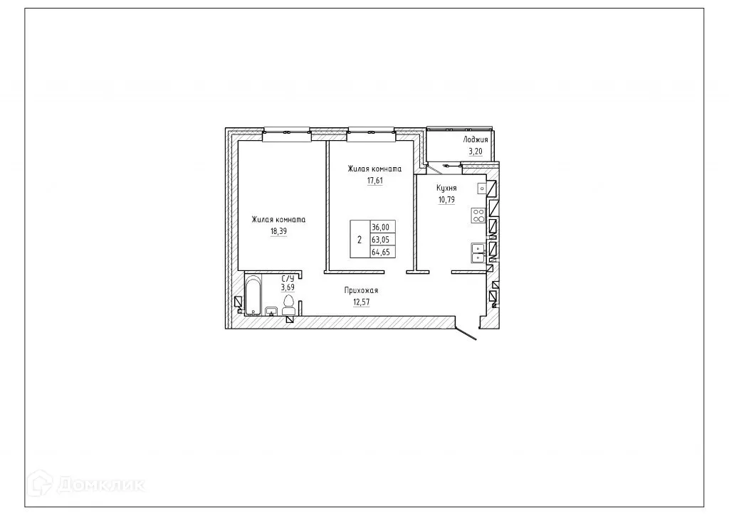 Планировка 2-комнатной квартиры 64.5 м² в ЖК Северная звезда, г. Таганрог — фото 1