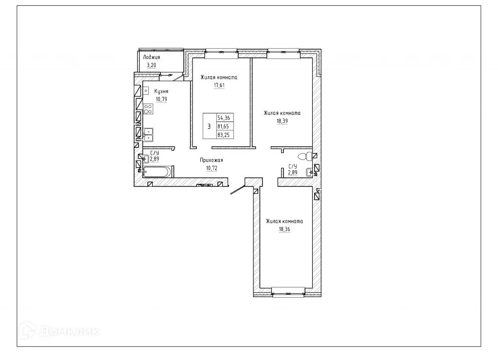 Планировка 3-комнатной квартиры 83 м² в ЖК Северная звезда, г. Таганрог — фото 1