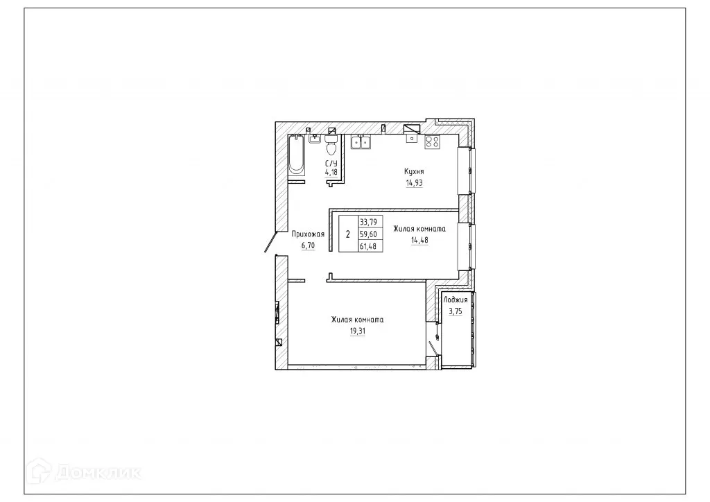 Планировка 2-комнатной квартиры 60.6 м² в ЖК Северная звезда, г. Таганрог — фото 1
