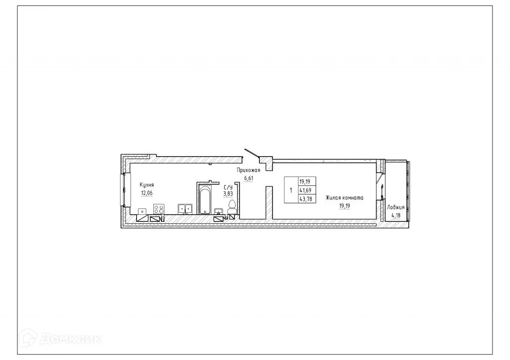 Планировка 1-комнатной квартиры 43.4 м² в ЖК Северная звезда, г. Таганрог — фото 1