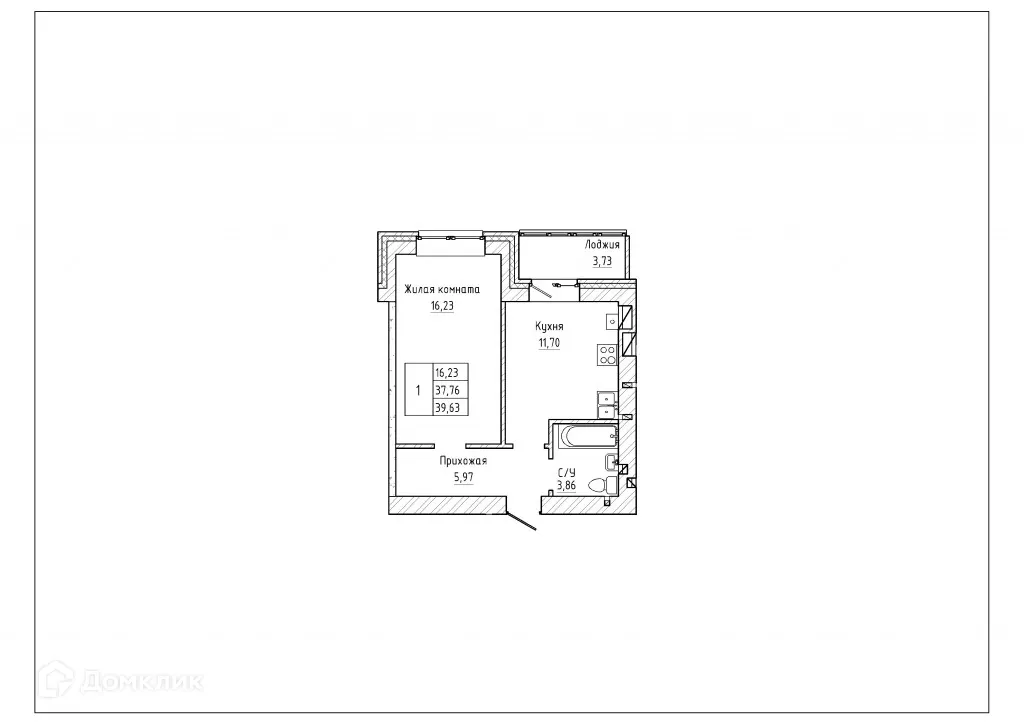 Планировка 1-комнатной квартиры 39.25 м² в ЖК Северная звезда, г. Таганрог — фото 1