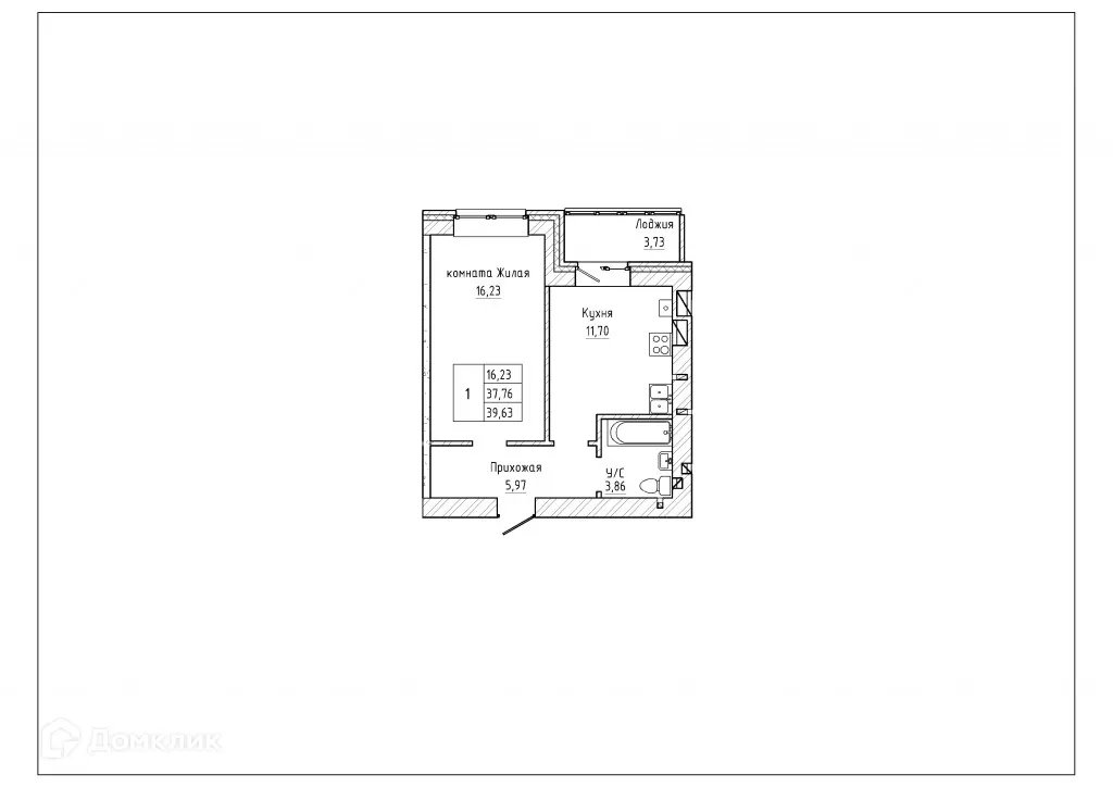 Планировка 1-комнатной квартиры 38.85 м² в ЖК Северная звезда, г. Таганрог — фото 1