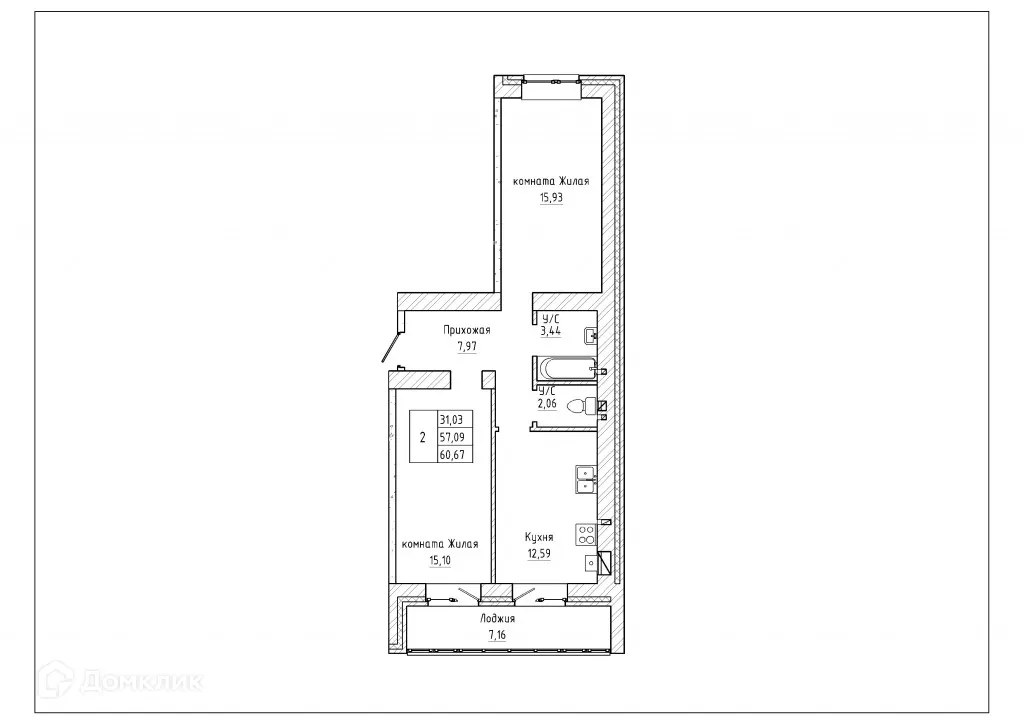Планировка 2-комнатной квартиры 61.4 м² в ЖК Северная звезда, г. Таганрог — фото 1