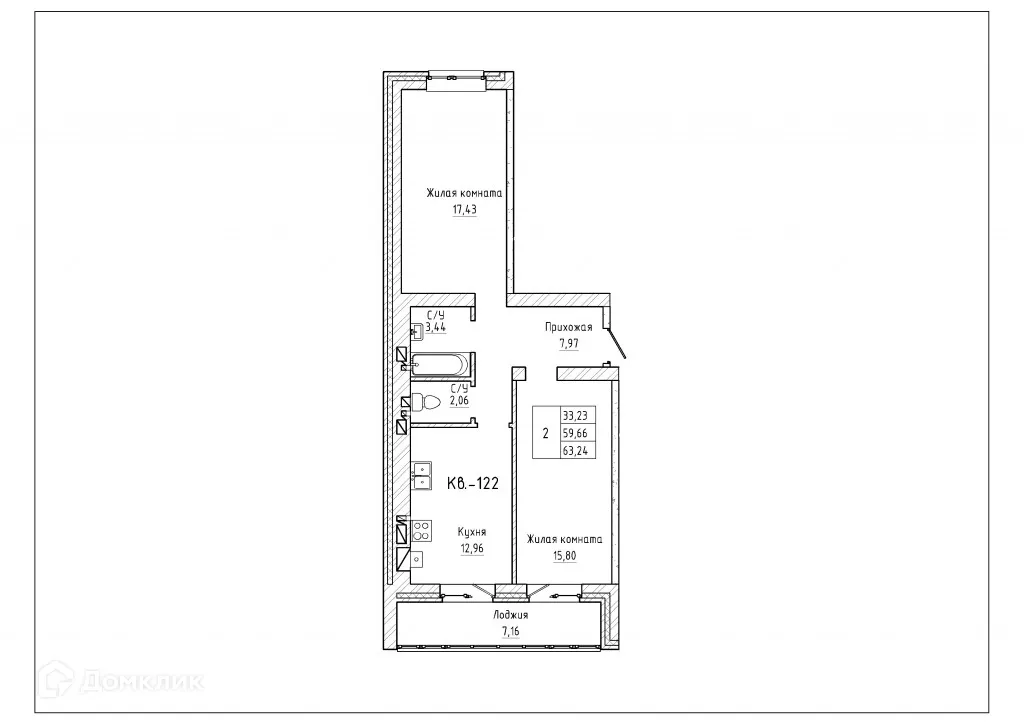 Планировка 2-комнатной квартиры 62.4 м² в ЖК Северная звезда, г. Таганрог — фото 1