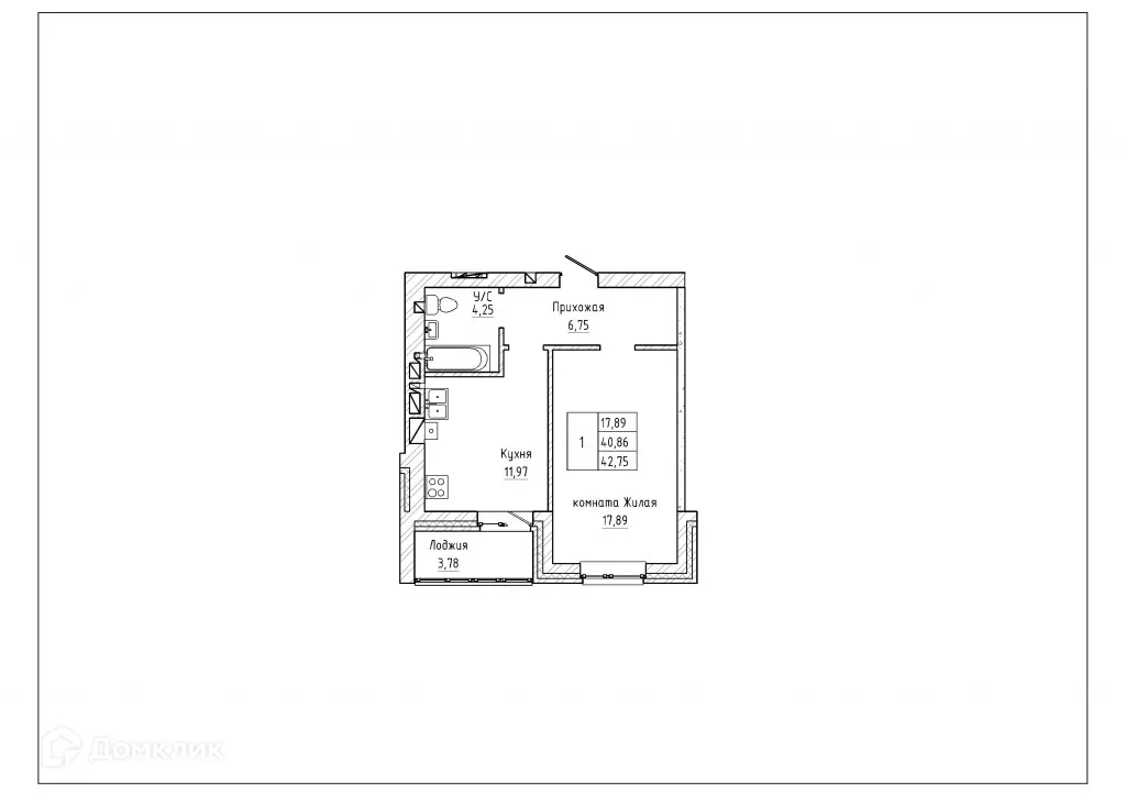 Планировка 1-комнатной квартиры 42.65 м² в ЖК Северная звезда, г. Таганрог — фото 1