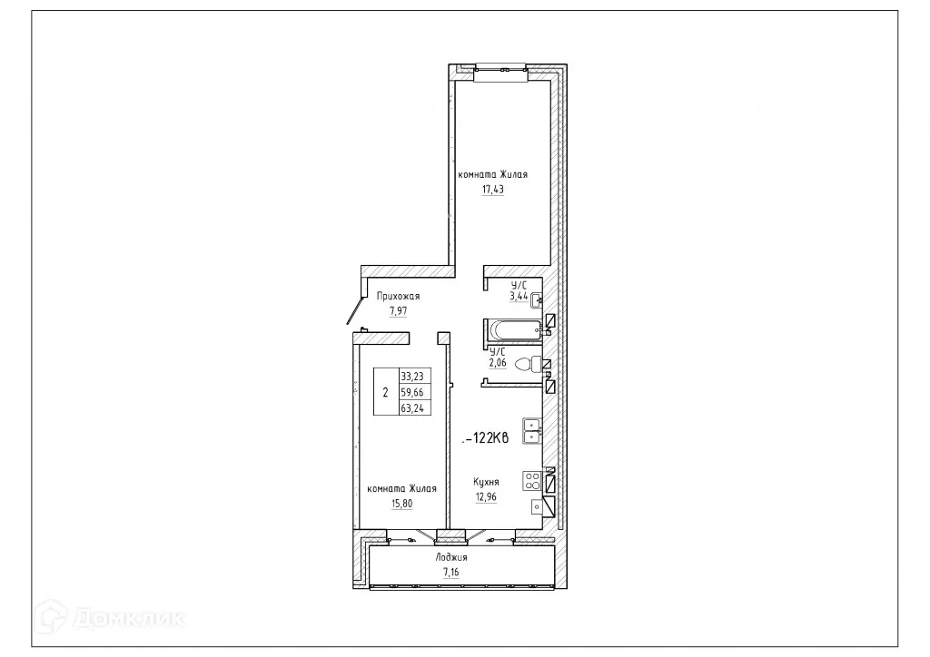 Планировка 2-комнатной квартиры 62.6 м² в ЖК Северная звезда, г. Таганрог — фото 1