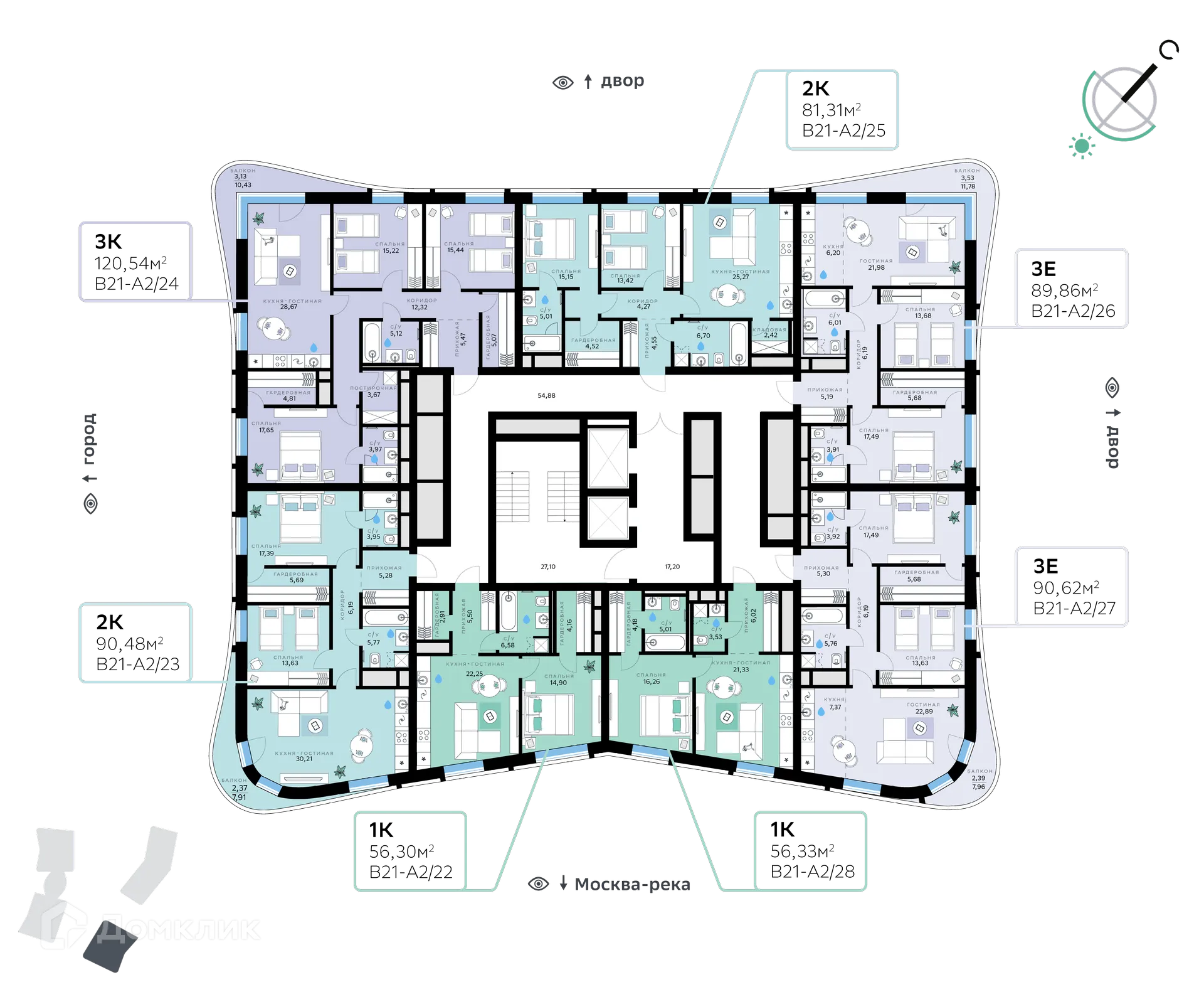 Планировка 3-комнатной квартиры 89.86 м² в СберСити - квартал В21, г. Москва — фото 2