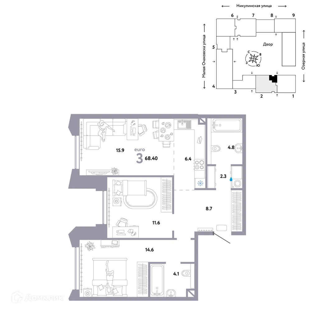 Планировка 3-комнатной квартиры 68.4 м² в ЖК Страна.Озерная, г. Москва — фото 1