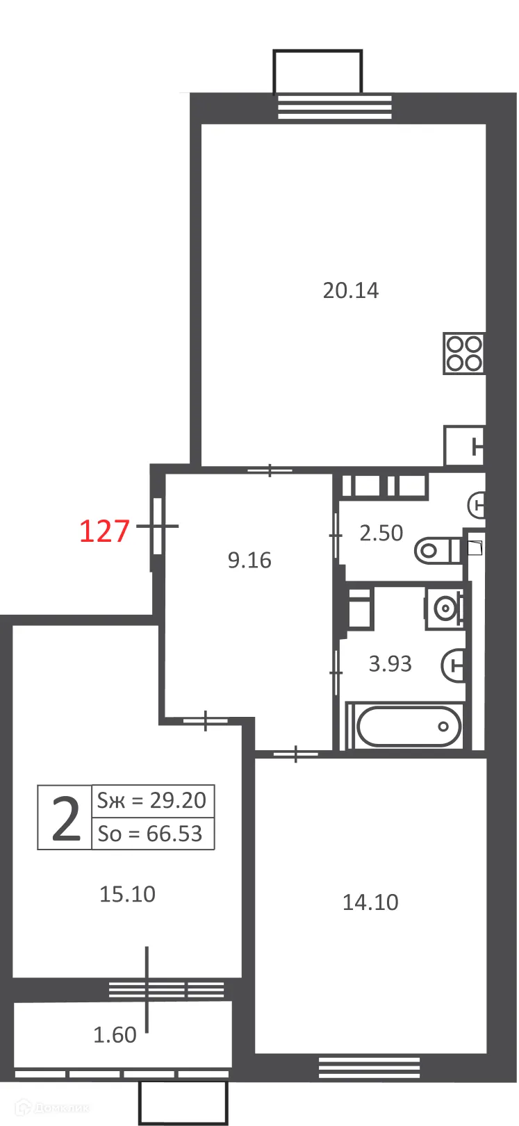 Планировка 2-комнатной квартиры 66.53 м² в 3-я Прядильная, з/у 4  (Московские кварталы), г. Москва — фото 1