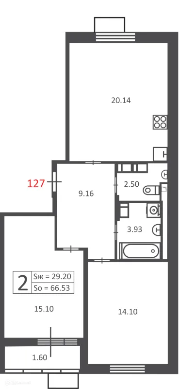 Планировка 2 комн. в 3-я Прядильная, з/у 4  (Московские кварталы)
