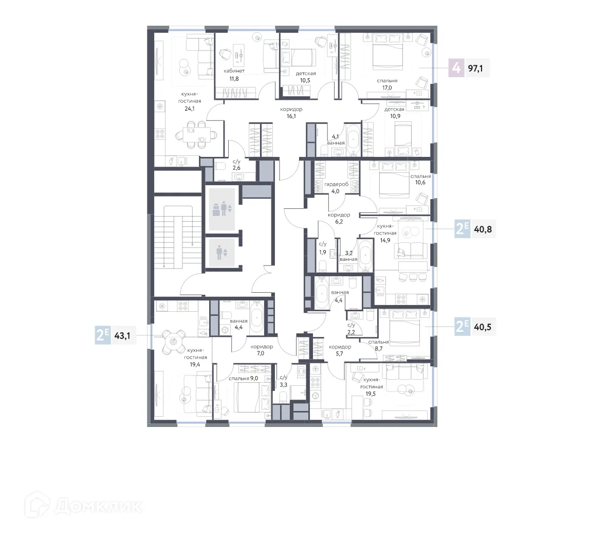 Планировка 4-комнатной квартиры 97.2 м² в ЖК "Сиреневый парк", г. Москва — фото 2