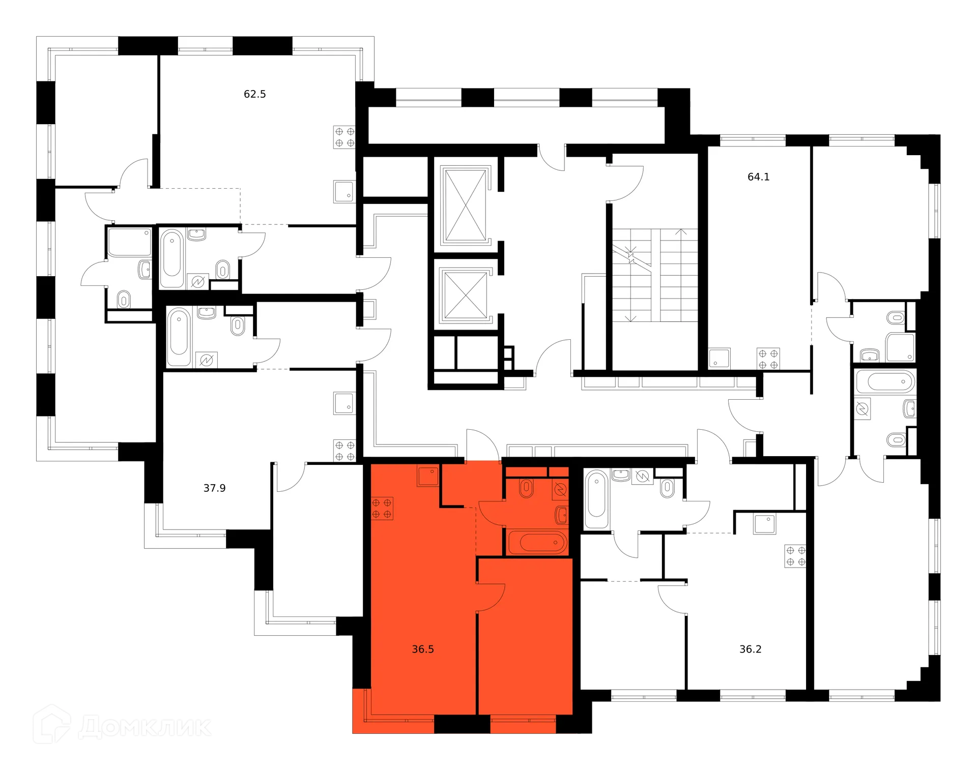 Планировка 1-комнатной квартиры 36.5 м² в ЖК Москворечье, г. Москва — фото 2