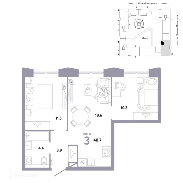 Планировка 3 комн. в ЖК СТРАНА.ЗАРЕЧНАЯ