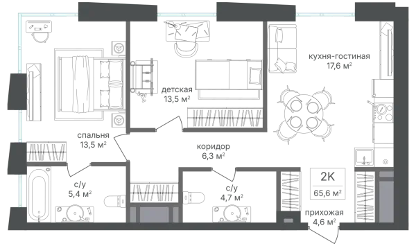 Планировка 2 комн. в ЖК Семеновский парк-2