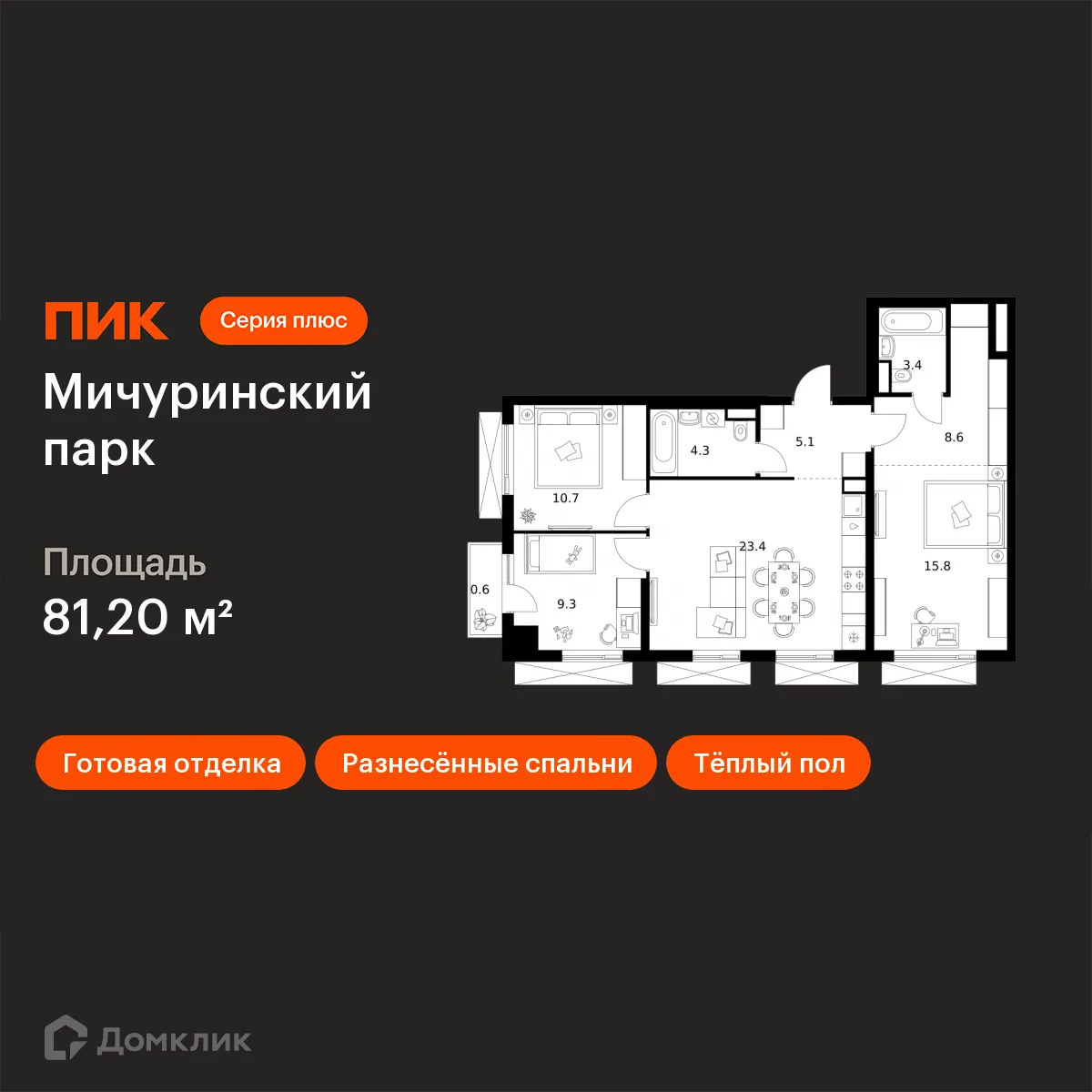 Планировка 3-комнатной квартиры 81.2 м² в ЖК Мичуринский парк, г. Москва — фото 1