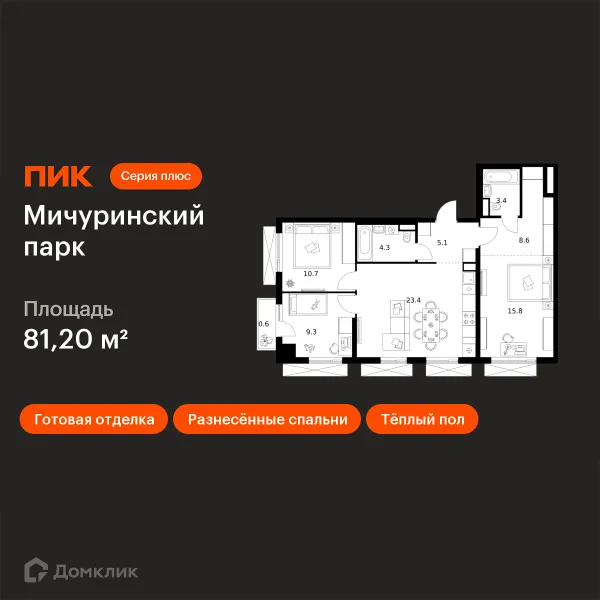 Планировка 3 комн. в ЖК Мичуринский парк